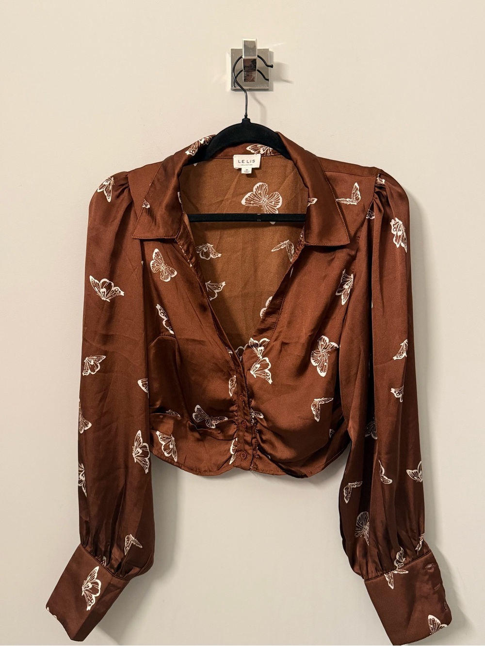Le Lis Brown Satin Butterfly Button-Front Blouse